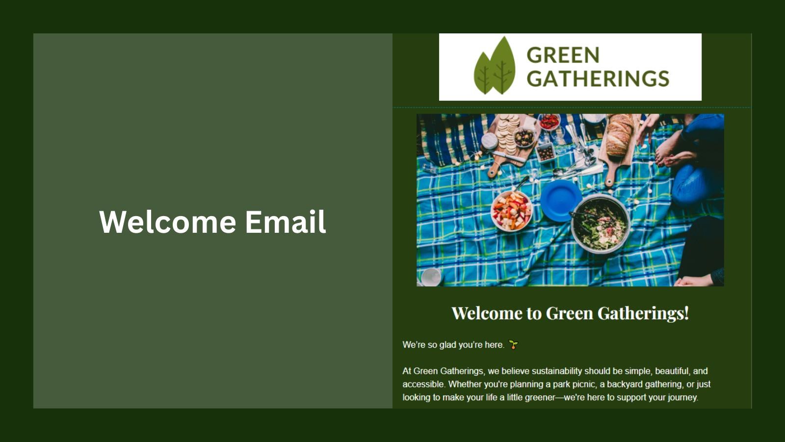 Green Gatherings welcome email slide from the project PDF